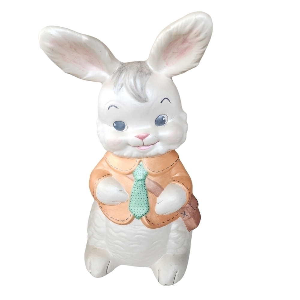 Vtg Easter Bunny pearlescent handpainted chalkware large decor anamorphic rabbit